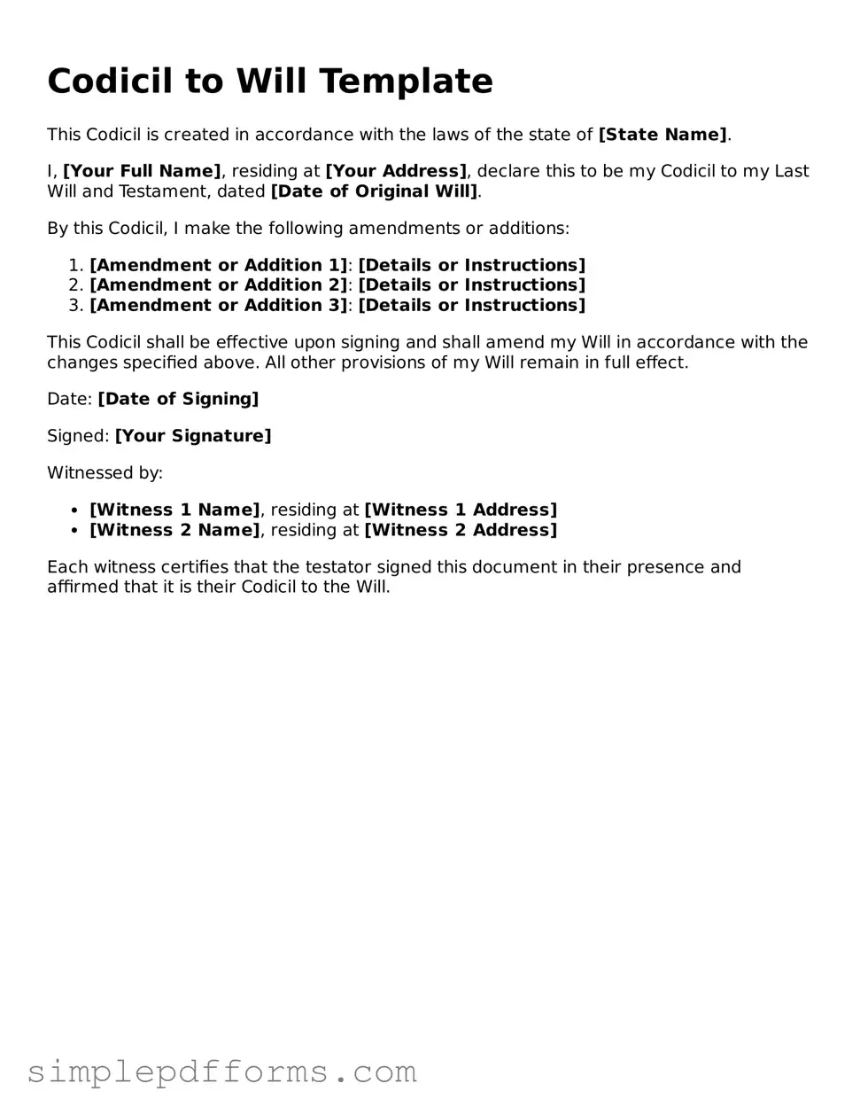Free Codicil to Will Form