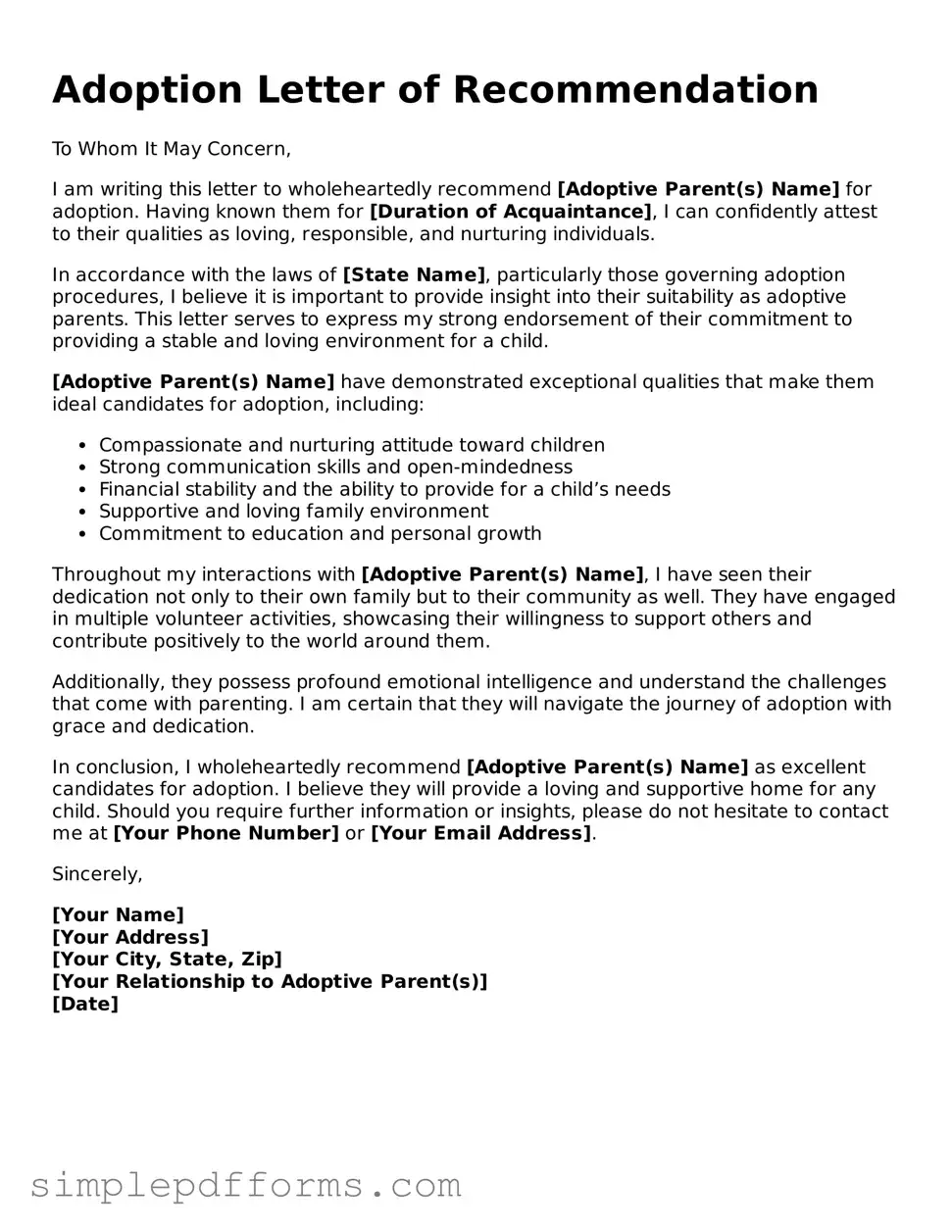 Free Adoption Letter of Recommendation Form