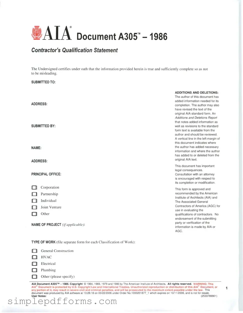Fill a Valid AIA A305 Form