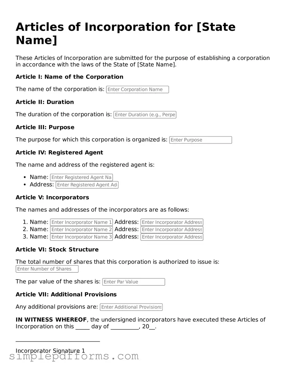 Free Articles of Incorporation Form
