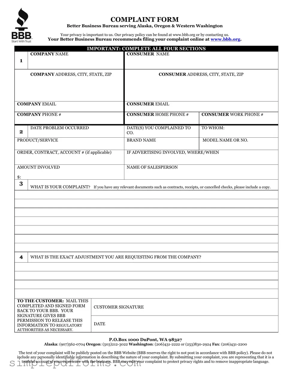Fill a Valid Bbb Complaint Form