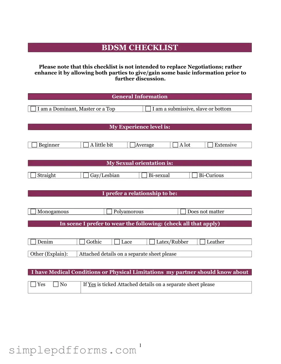 Fill a Valid Bdsm Checklist Form