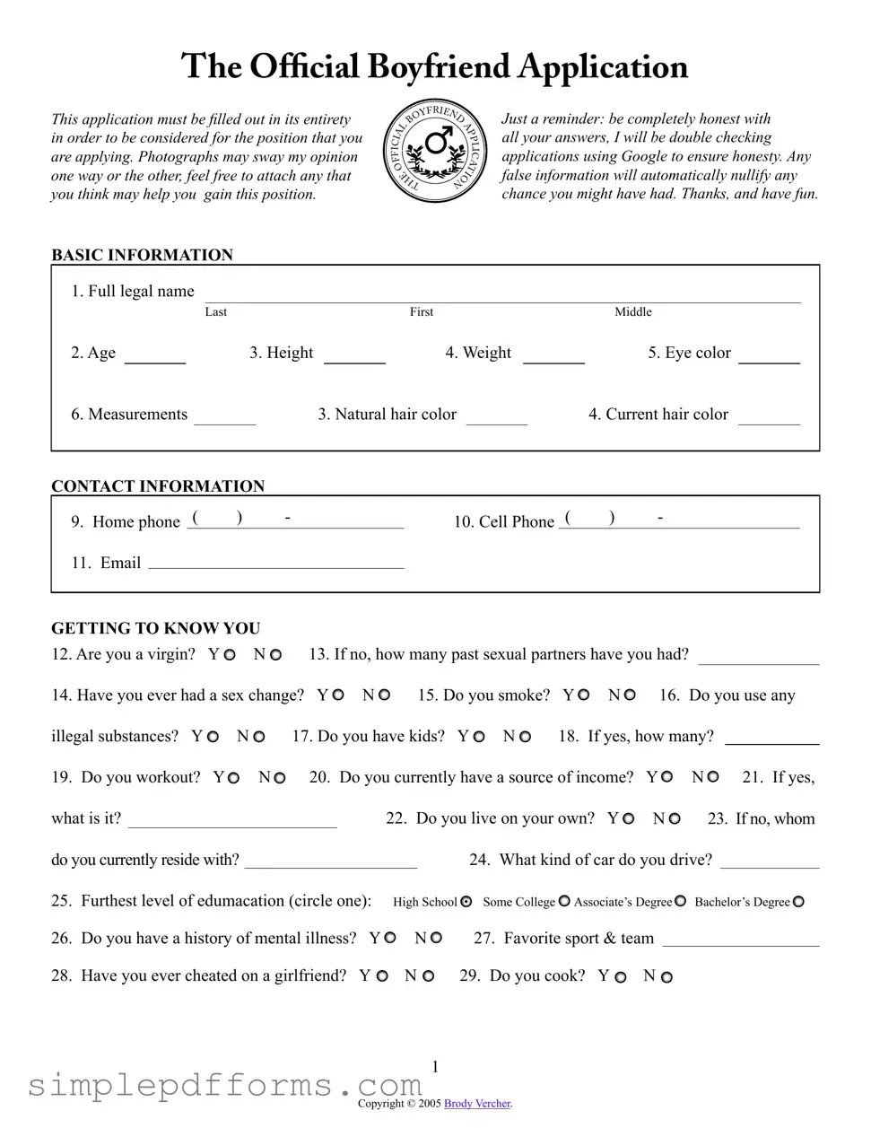 Fill a Valid Boyfriend application form Form