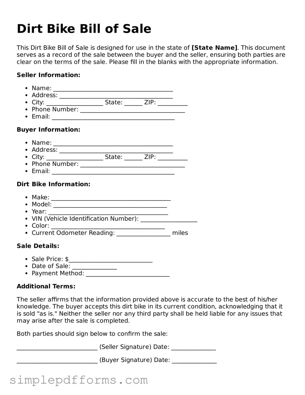 Free Dirt Bike Bill of Sale Form