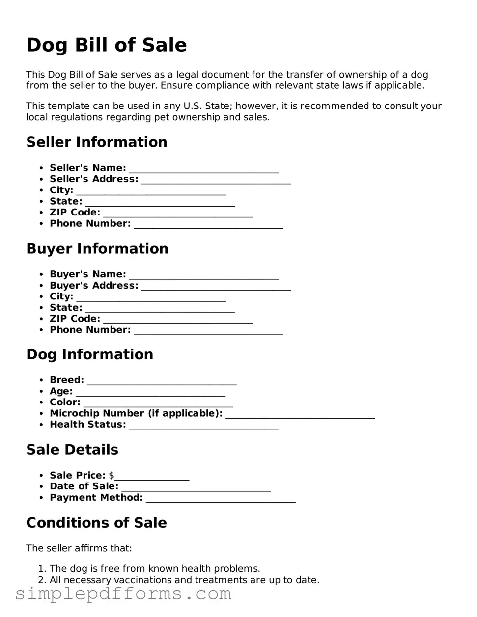 Free Dog Bill of Sale Form