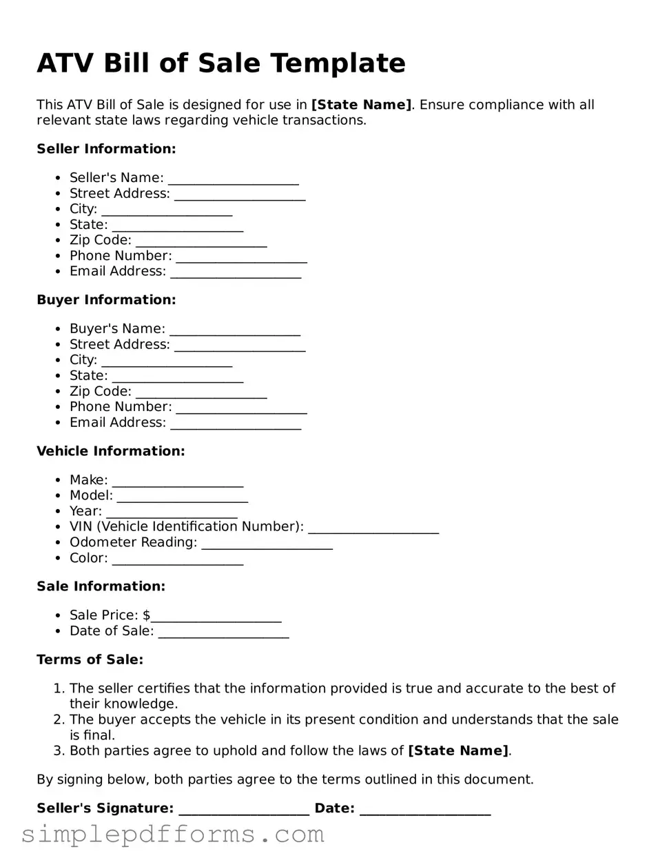 Free ATV Bill of Sale Form