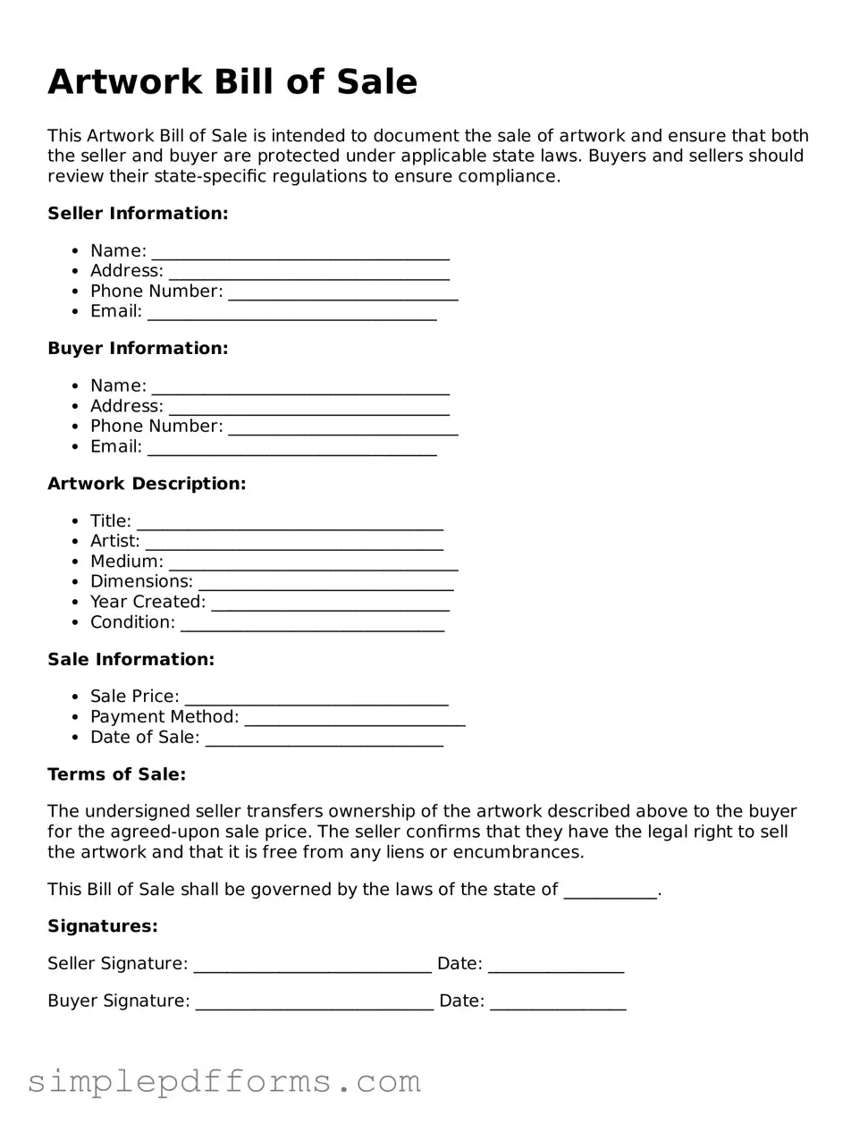 Free Artwork Bill of Sale Form