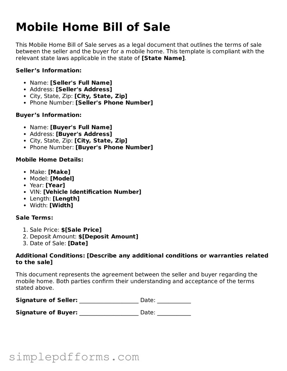 Free Mobile Home Bill of Sale Form