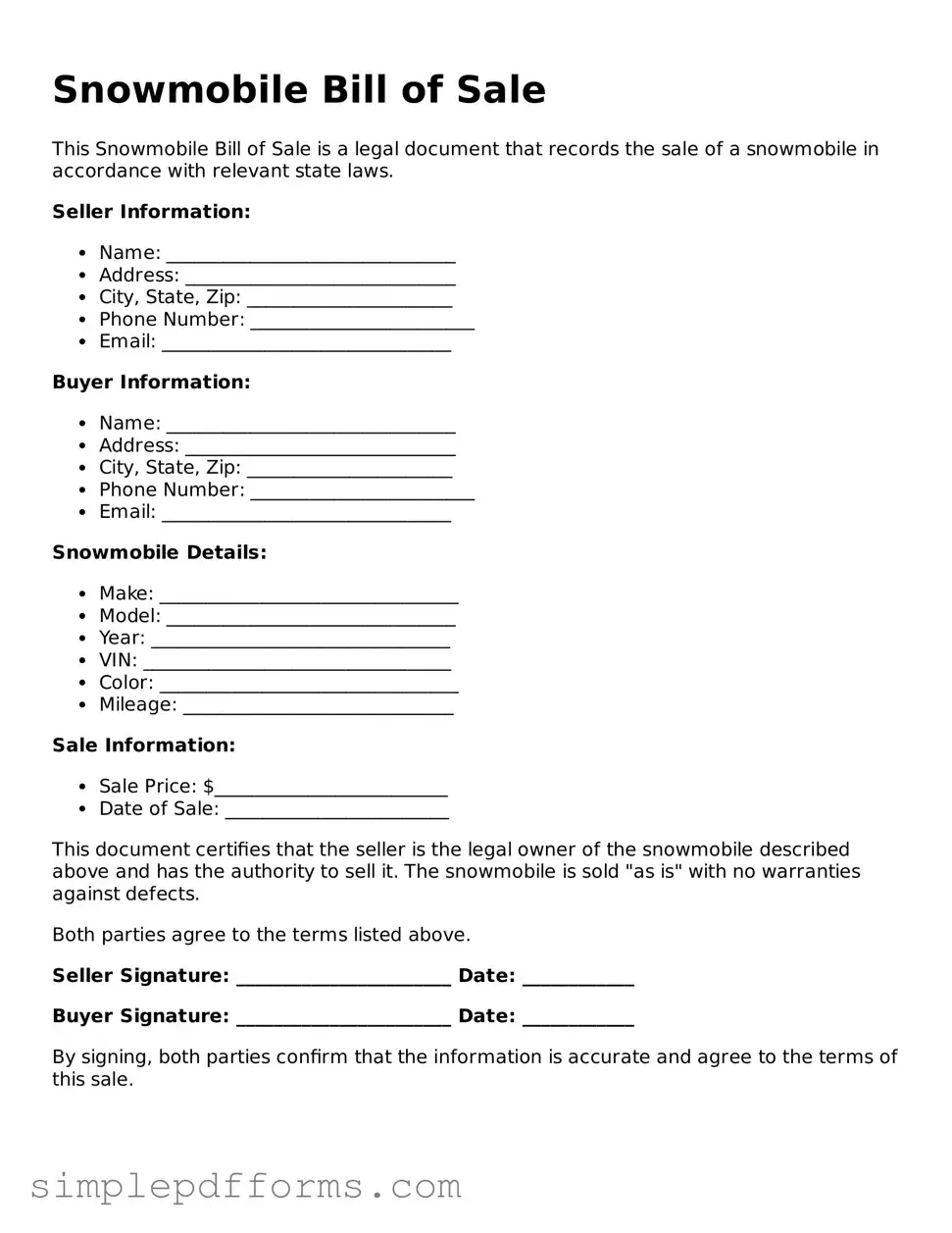 Free Snowmobile Bill of Sale Form
