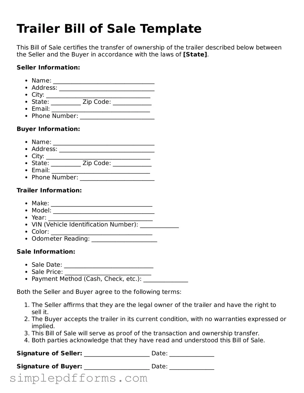 Free Trailer Bill of Sale Form