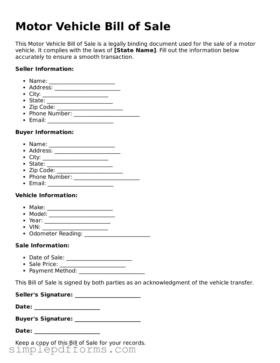 Free Motor Vehicle Bill of Sale Form