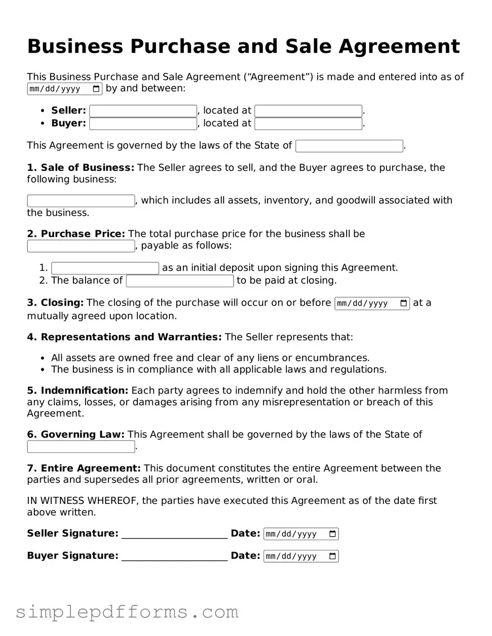 Free Business Purchase and Sale Agreement Form