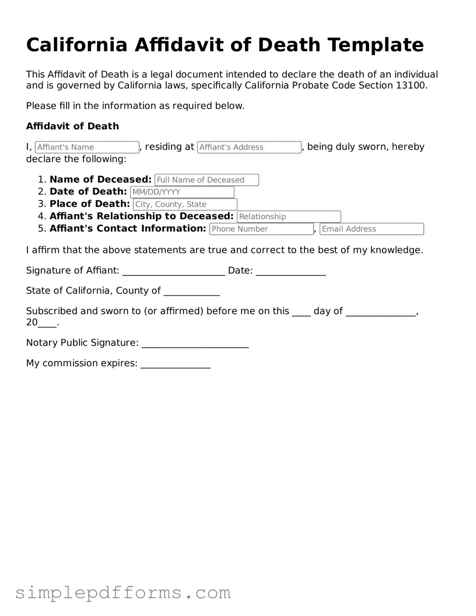 Attorney-Verified Affidavit of Death Document for California State