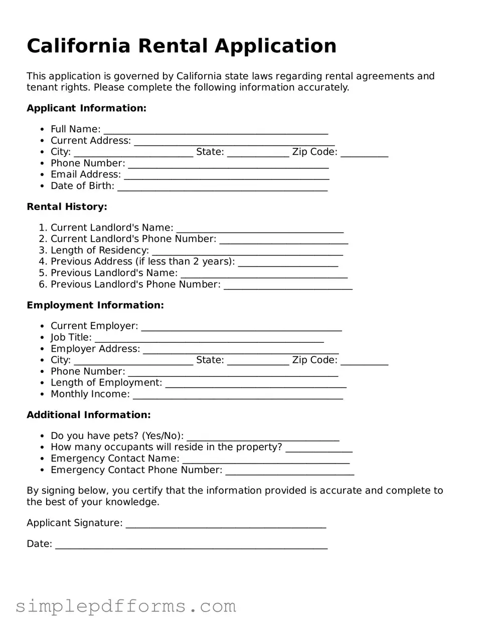 Attorney-Verified Rental Application Document for California State