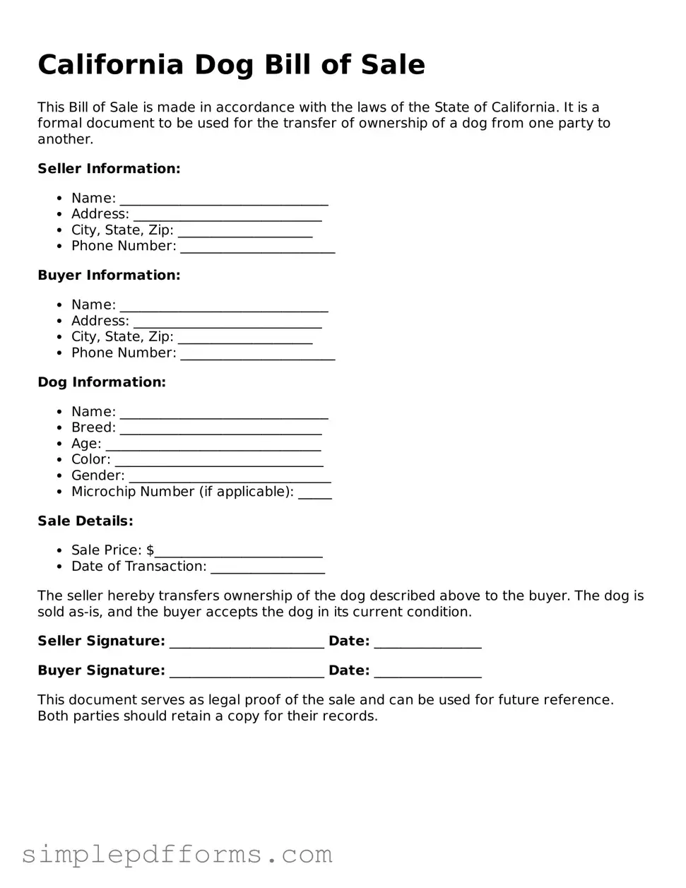 Attorney-Verified Dog Bill of Sale Document for California State