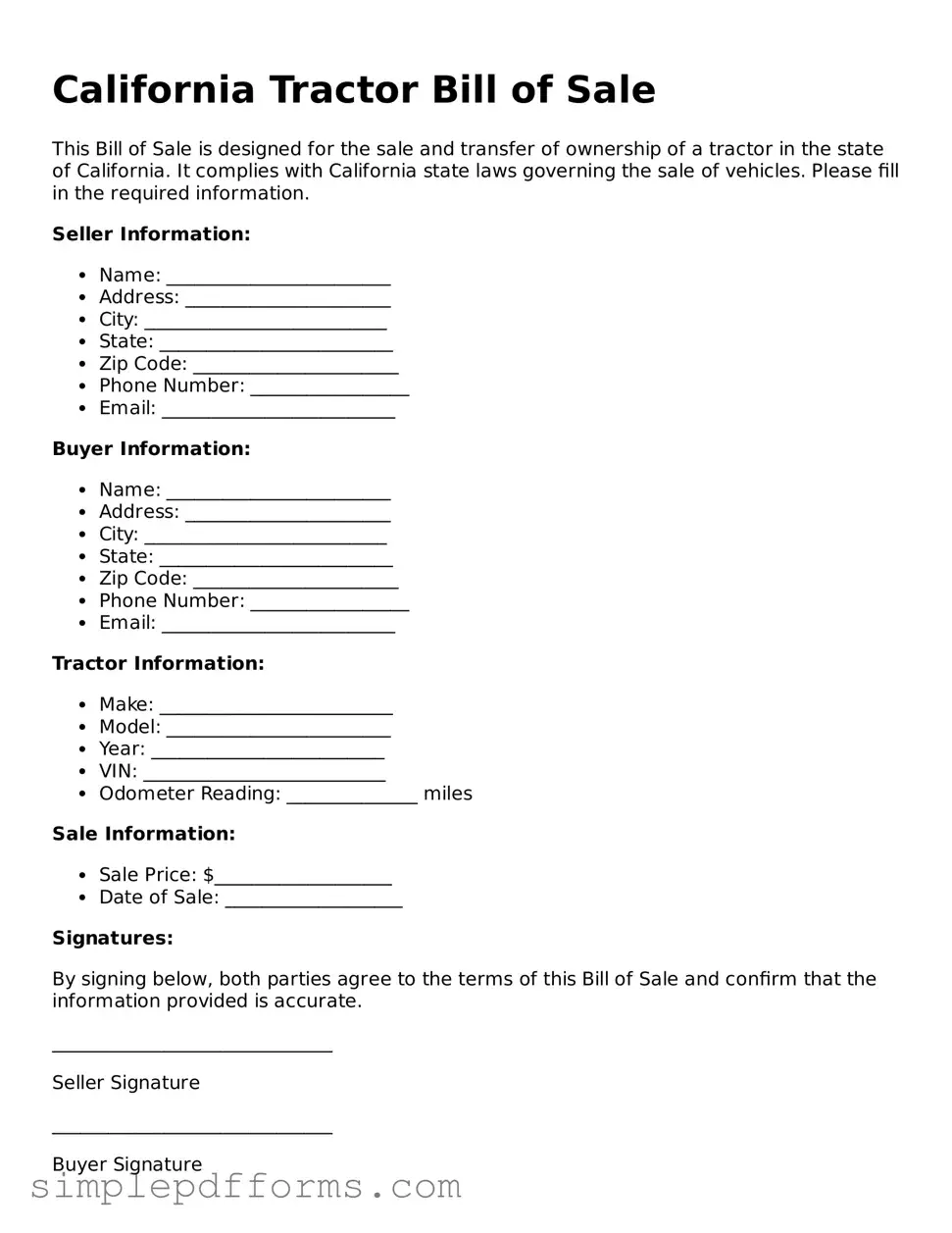 Attorney-Verified Tractor Bill of Sale Document for California State