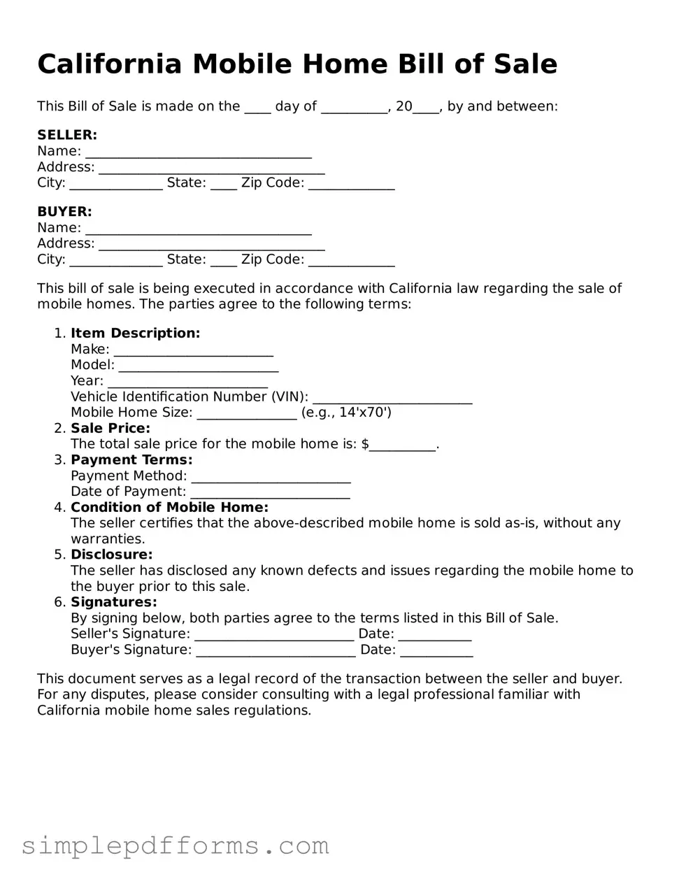 Attorney-Verified Mobile Home Bill of Sale Document for California State