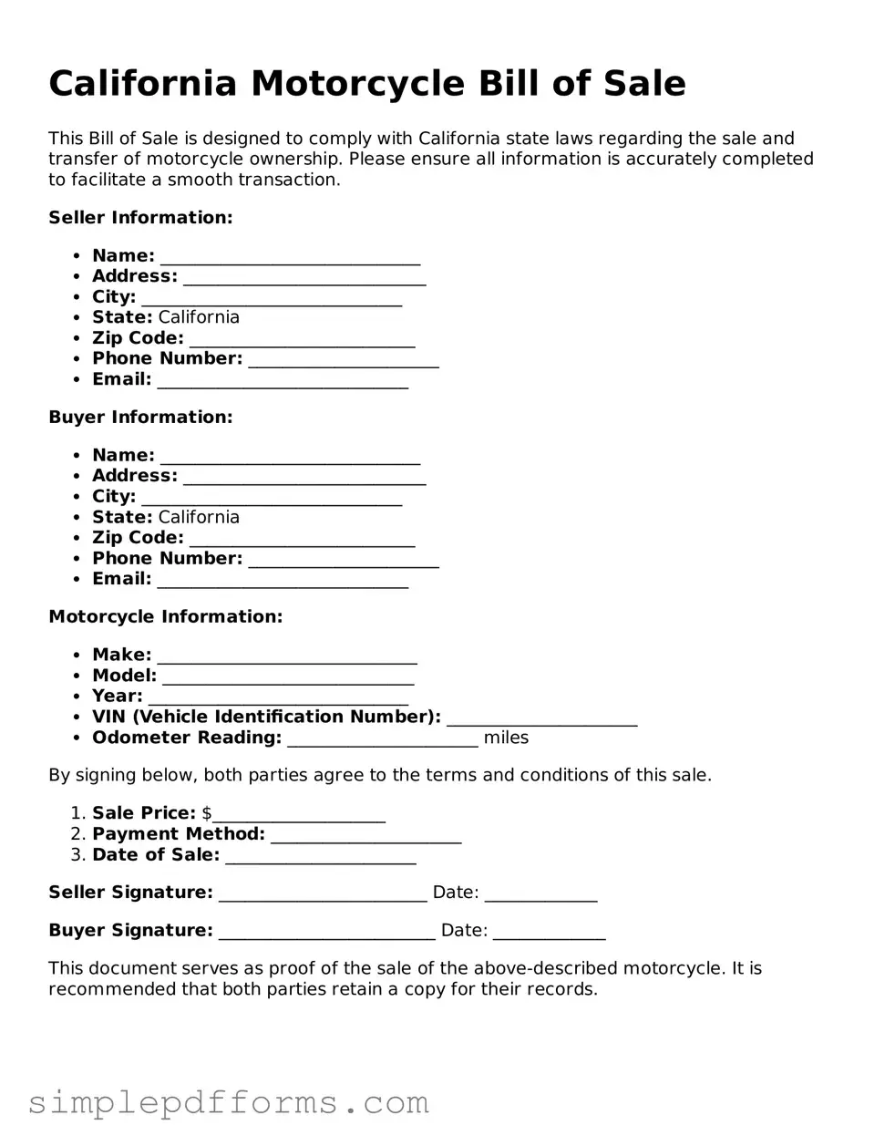Attorney-Verified Motorcycle Bill of Sale Document for California State