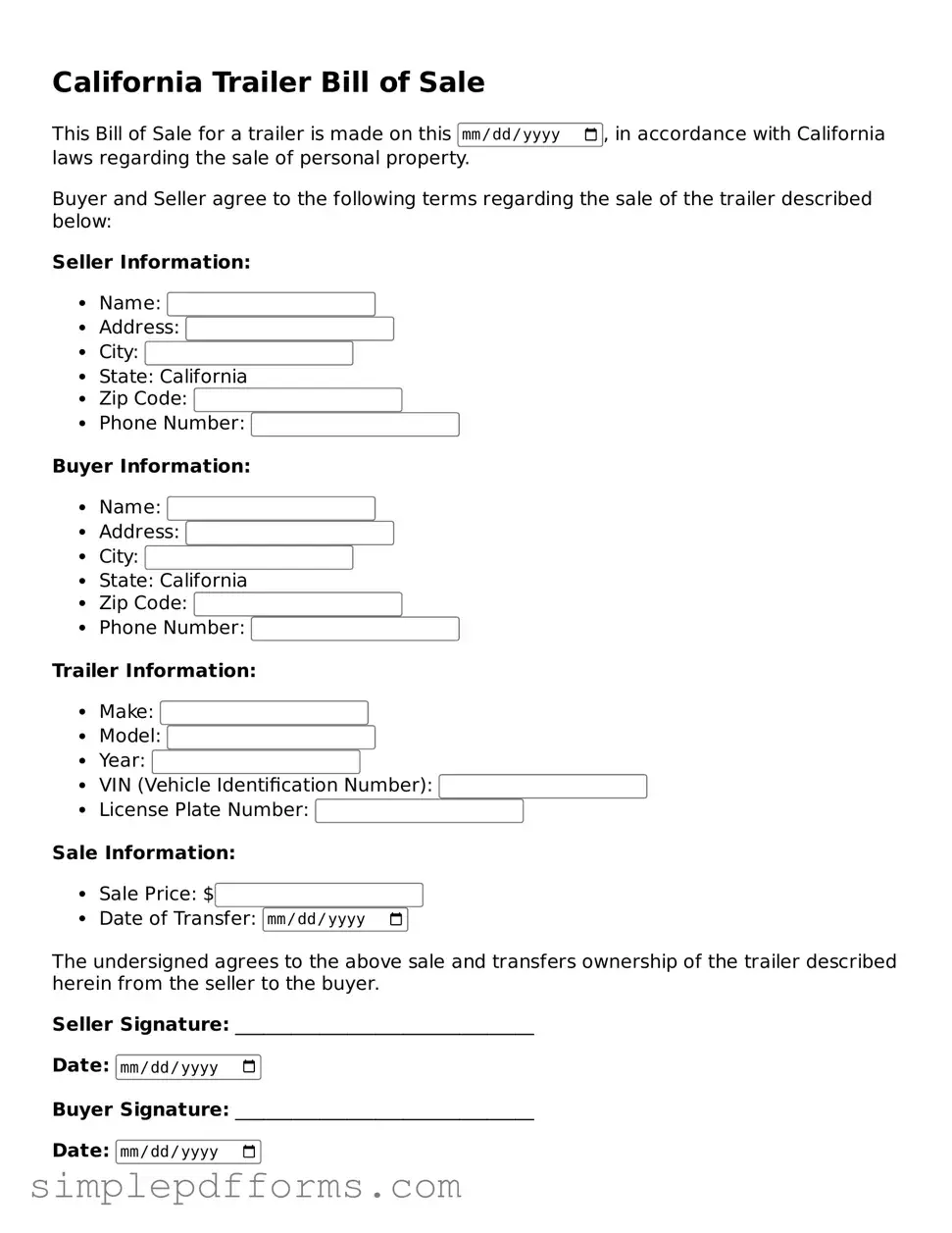 Attorney-Verified Trailer Bill of Sale Document for California State