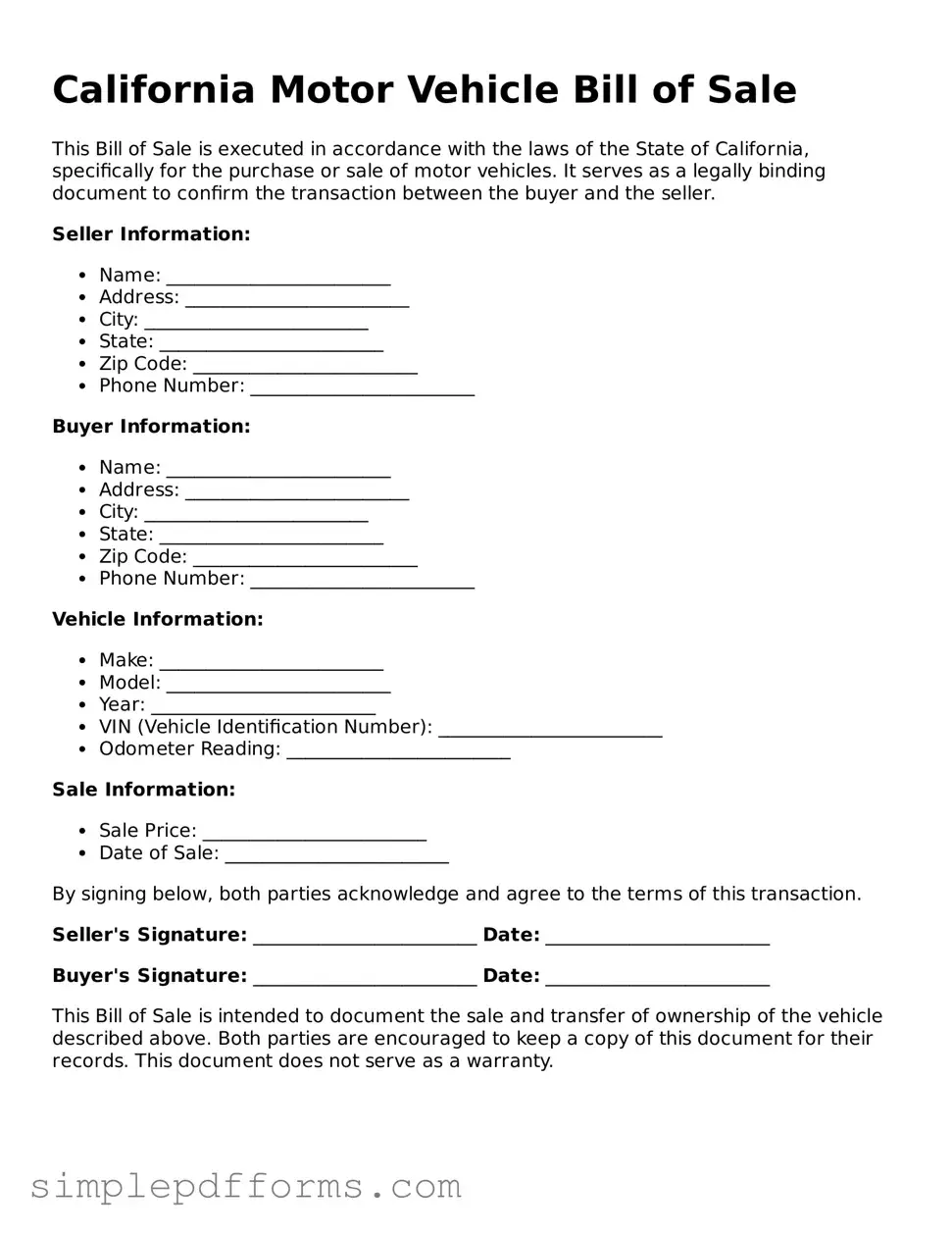 Attorney-Verified Motor Vehicle Bill of Sale Document for California State