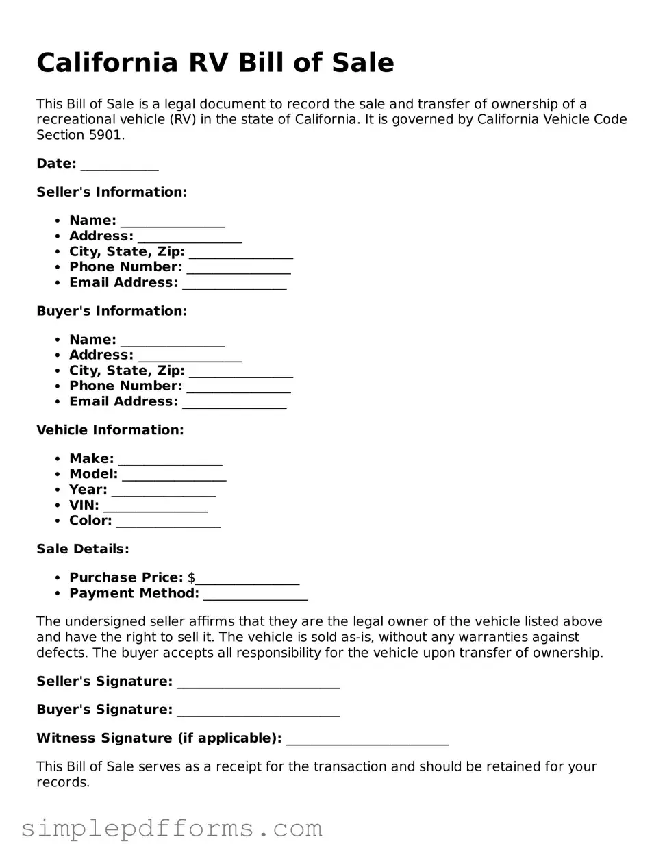 Attorney-Verified RV Bill of Sale Document for California State