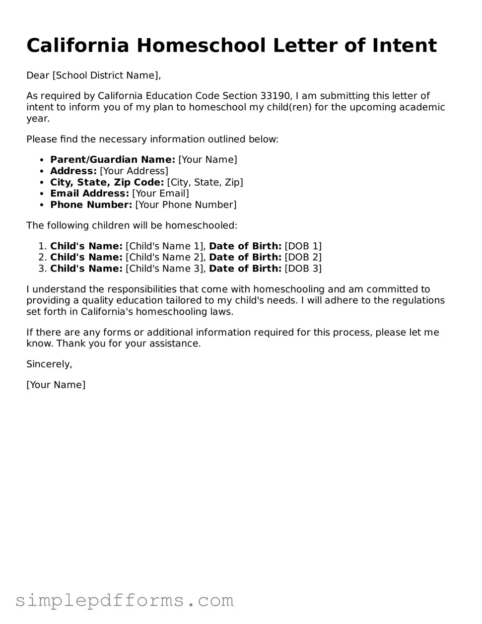 Attorney-Verified Homeschool Letter of Intent Document for California State