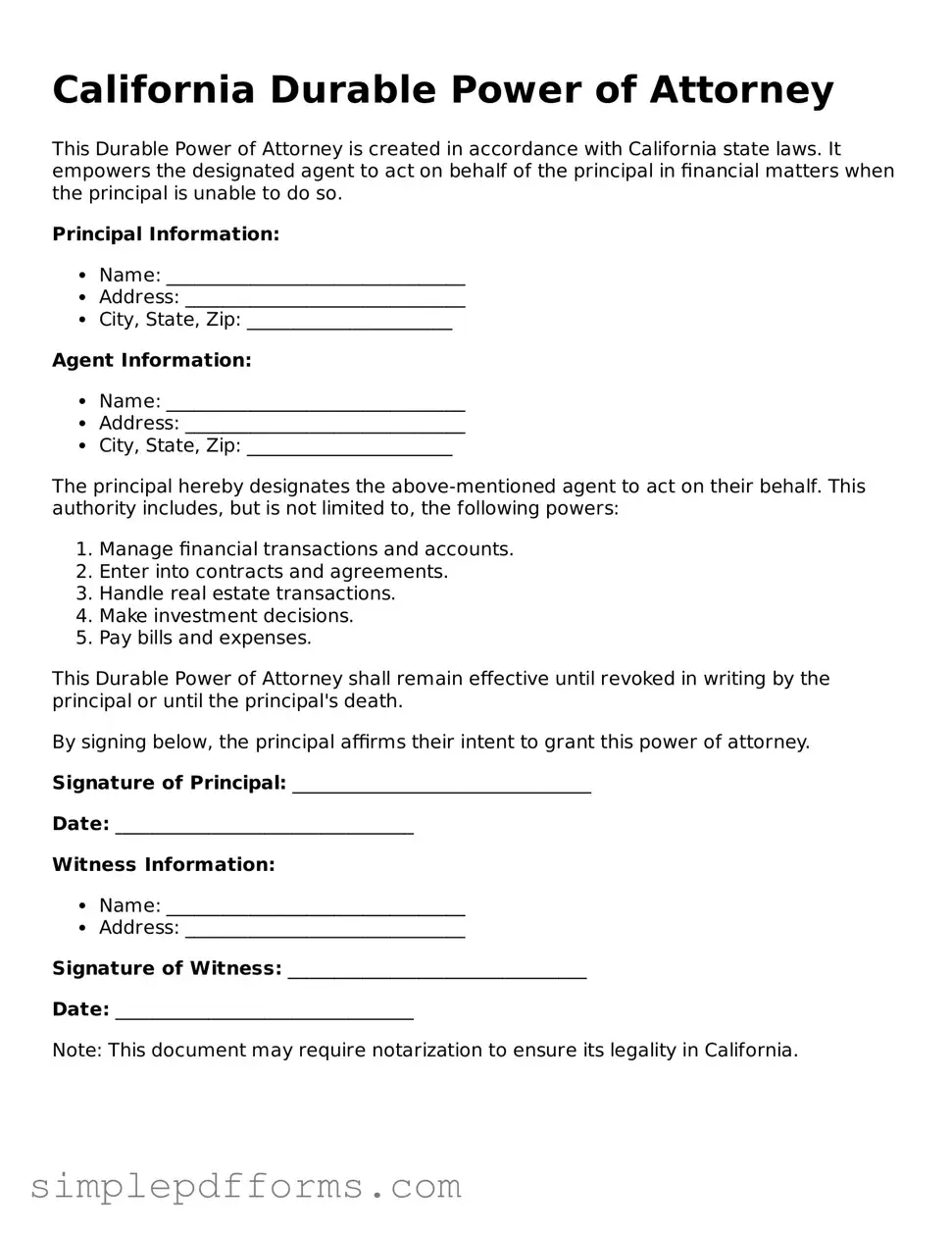 Attorney-Verified Durable Power of Attorney Document for California State