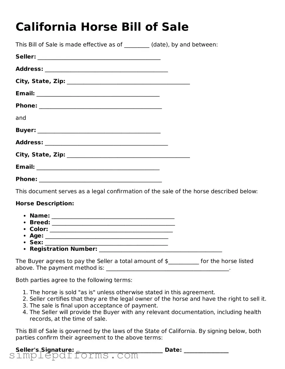 Attorney-Verified Horse Bill of Sale Document for California State