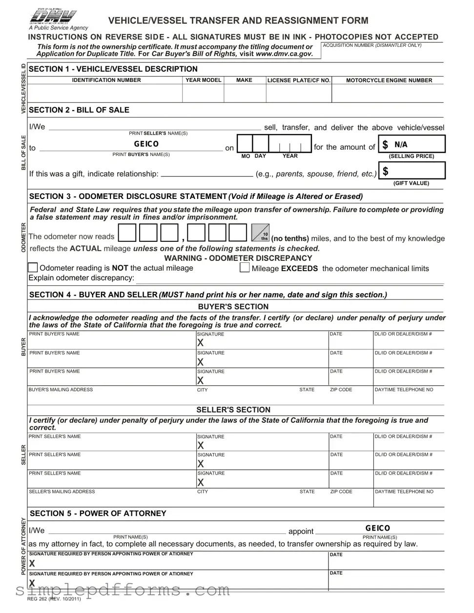 Fill a Valid California Fotm Reg 262 Form