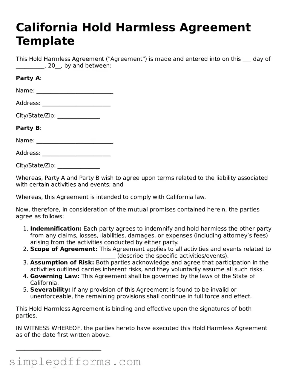 Attorney-Verified Hold Harmless Agreement Document for California State