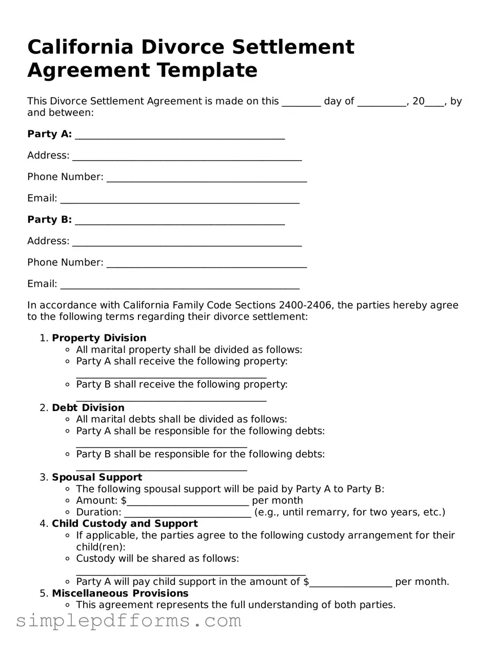 Attorney-Verified Divorce Settlement Agreement Document for California State