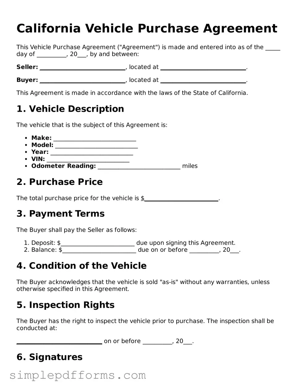 Attorney-Verified Vehicle Purchase Agreement Document for California State