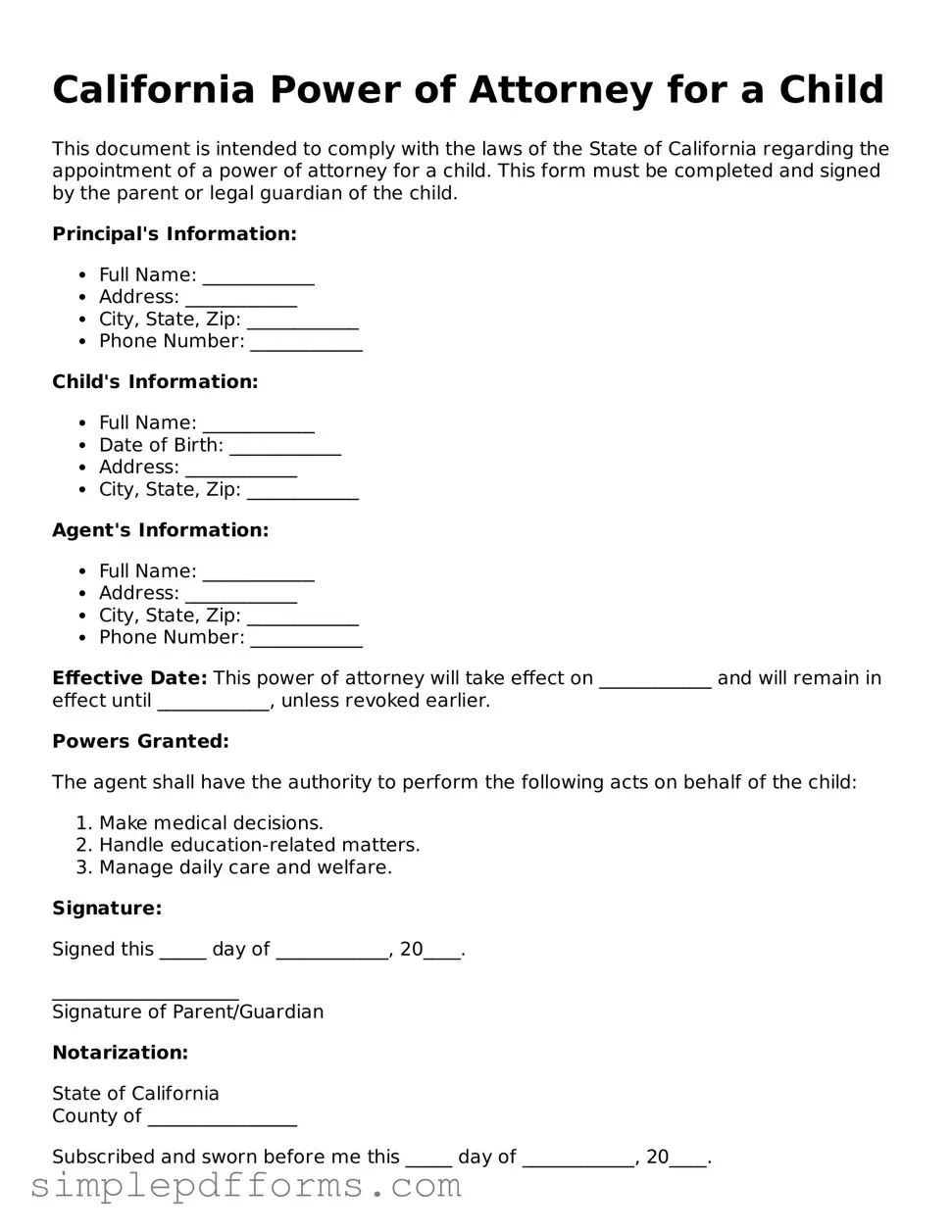Attorney-Verified Power of Attorney for a Child Document for California State