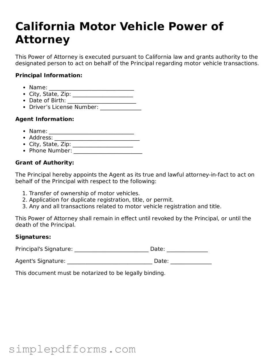 Attorney-Verified Motor Vehicle Power of Attorney Document for California State