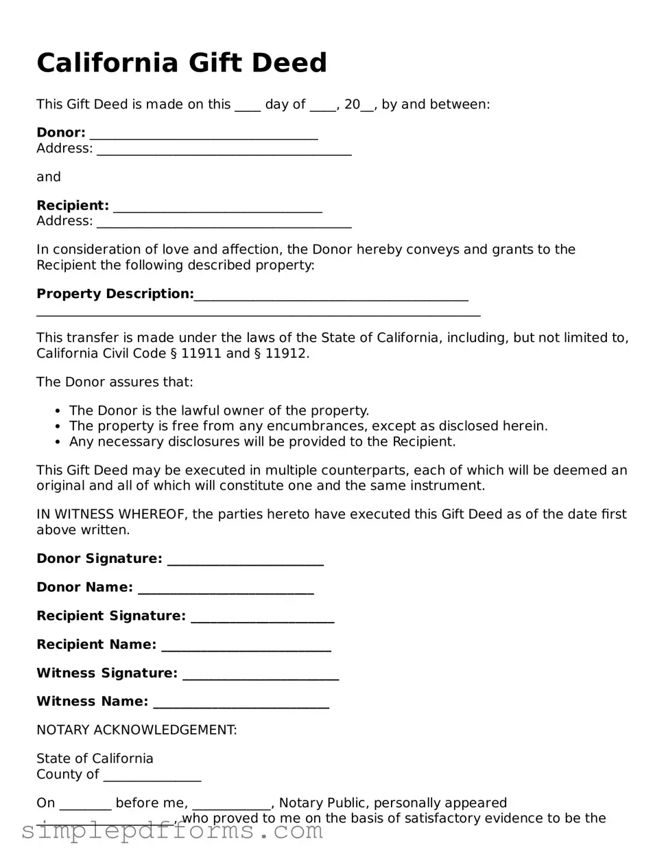 Attorney-Verified Gift Deed Document for California State