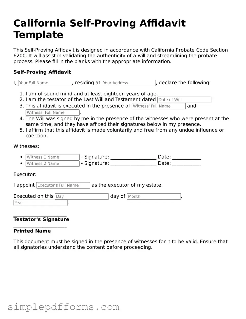 Attorney-Verified Self-Proving Affidavit Document for California State
