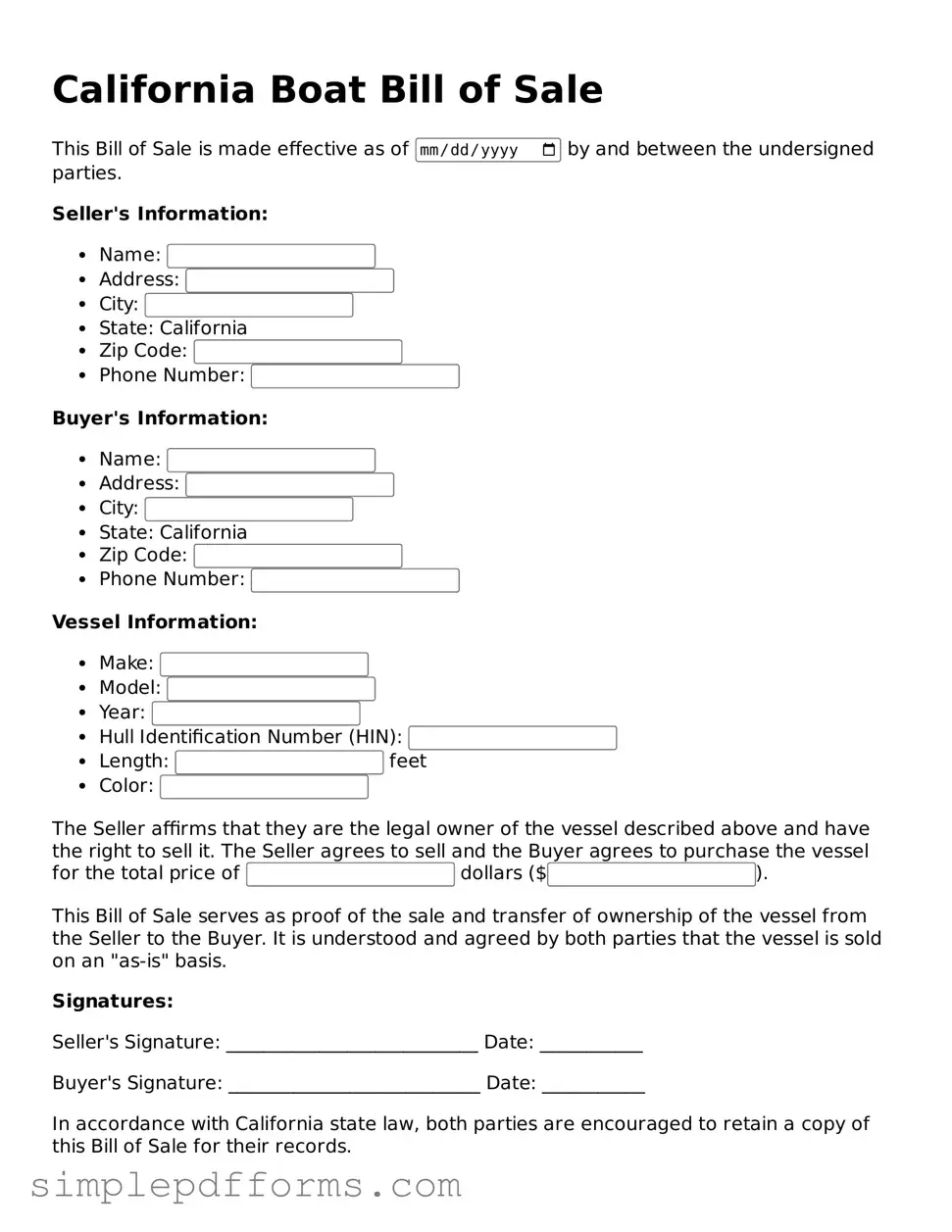 Attorney-Verified Boat Bill of Sale Document for California State
