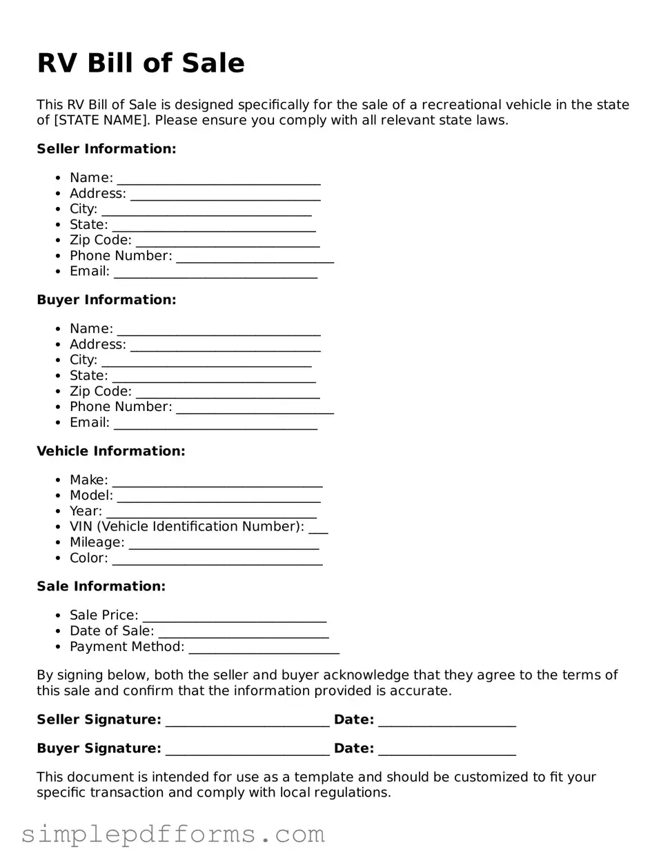 Free RV Bill of Sale Form