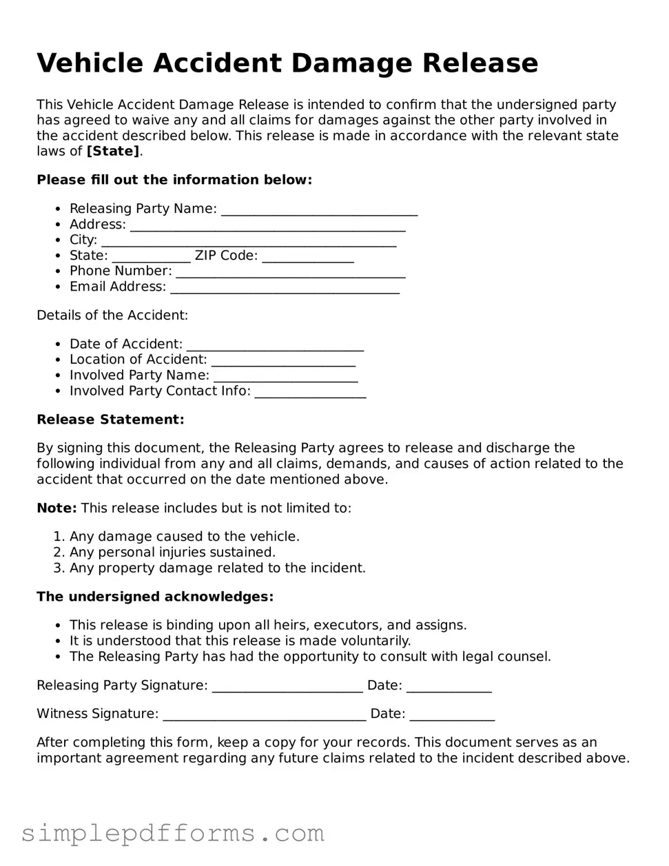 Free Vehicle Accident Damage Release Form