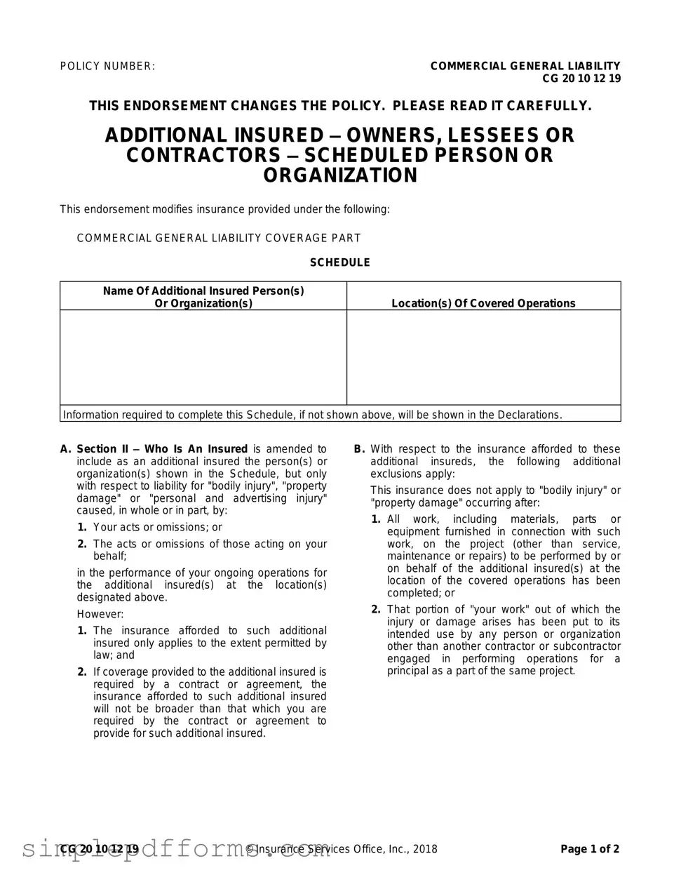 Fill a Valid Cg 20 10 07 04 Liability Endorsement Form