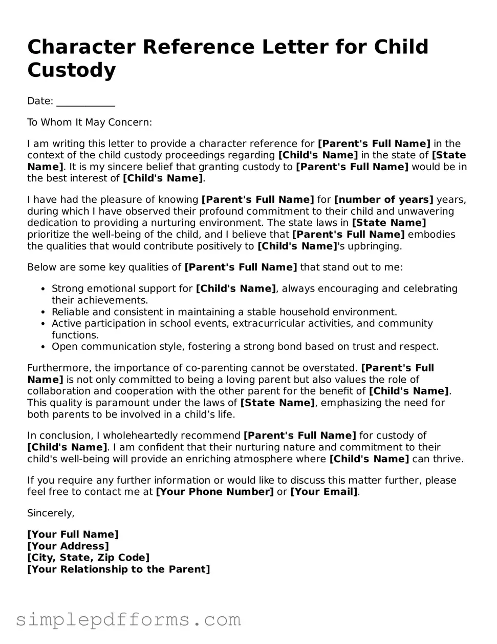 Free Character Reference Letter for Child Custody Form