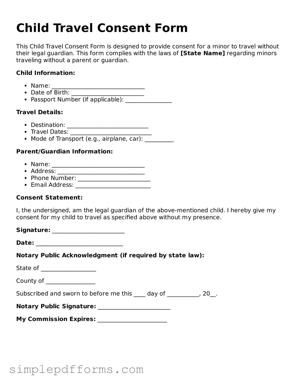 Free Child Travel Consent Form Form