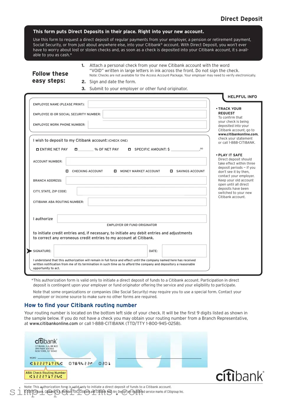Fill a Valid Citibank Direct Deposit Form