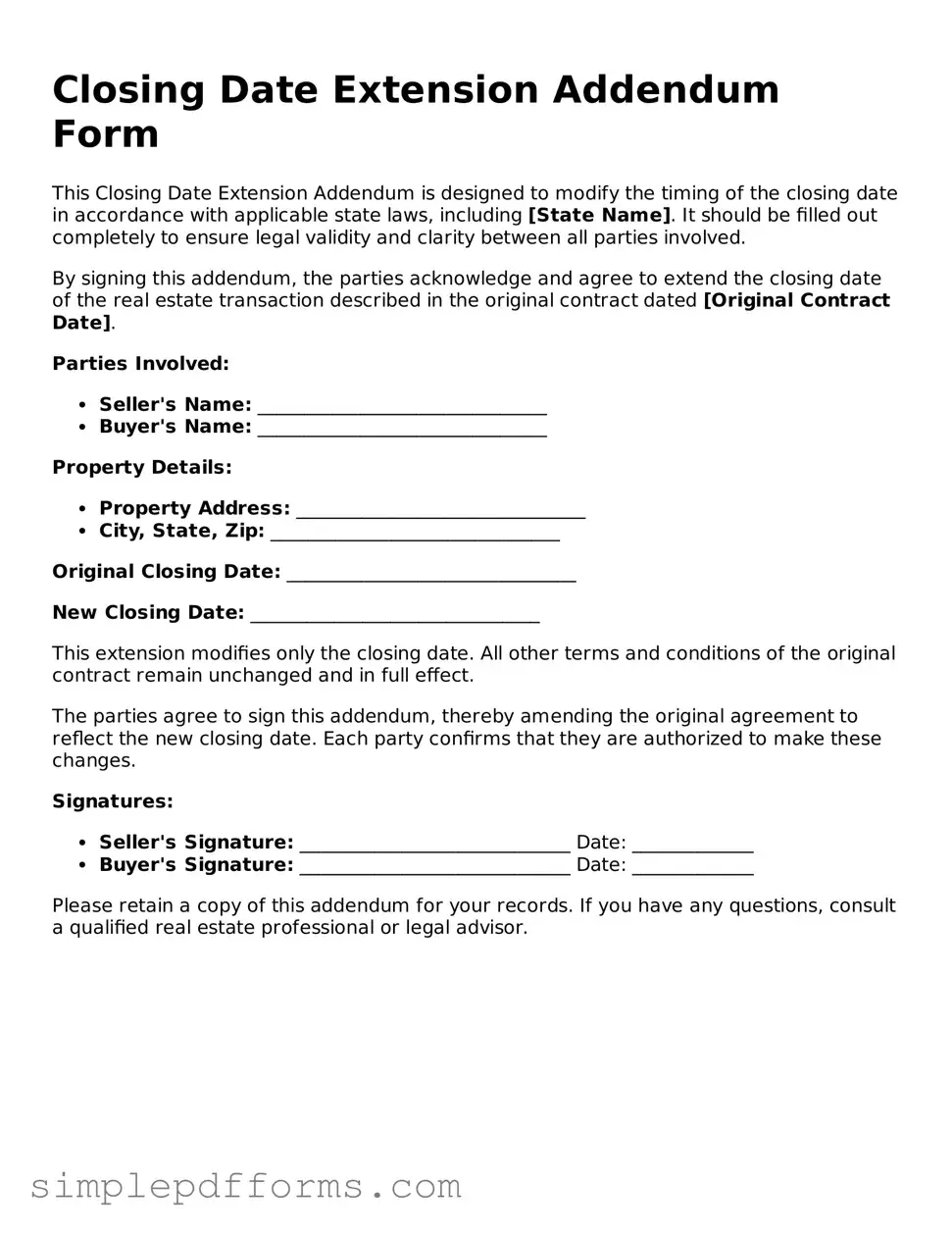Free Closing Date Extension Addendum Form Form