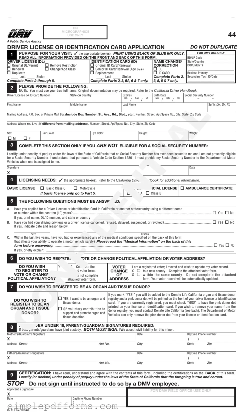 Fill a Valid Ca Dmv Dl 44 Form