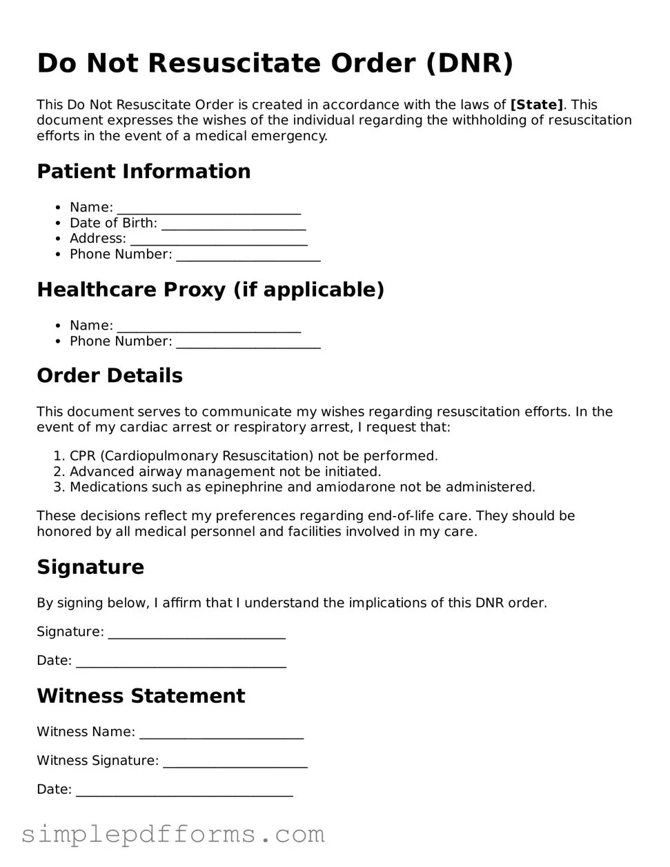 Free Do Not Resuscitate Order Form