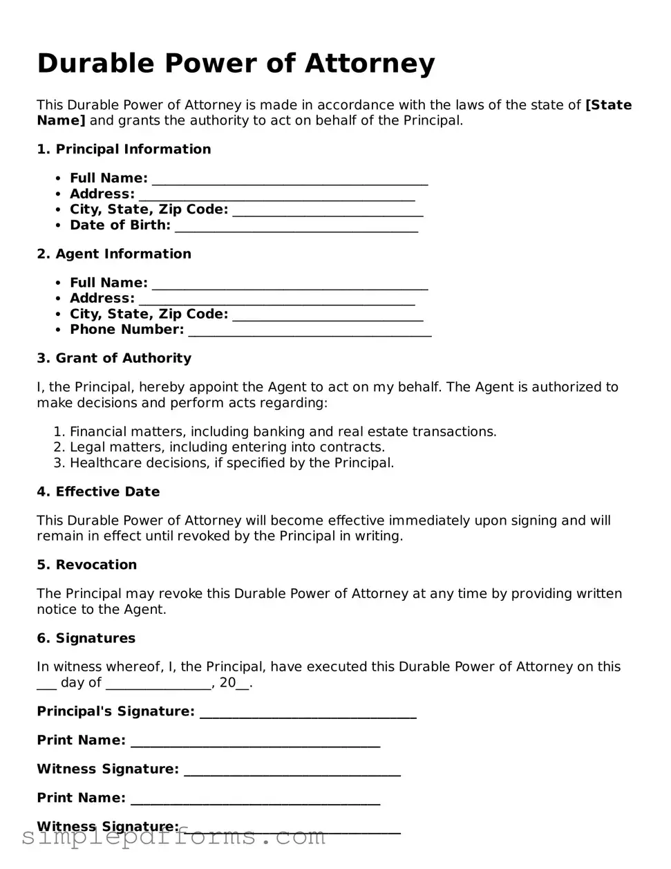 Free Durable Power of Attorney Form