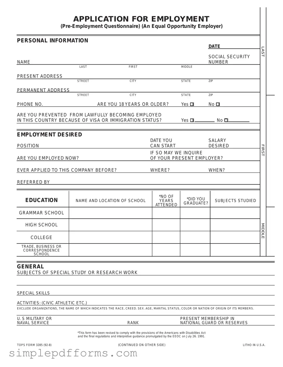 Fill a Valid Employment Application Pdf Form