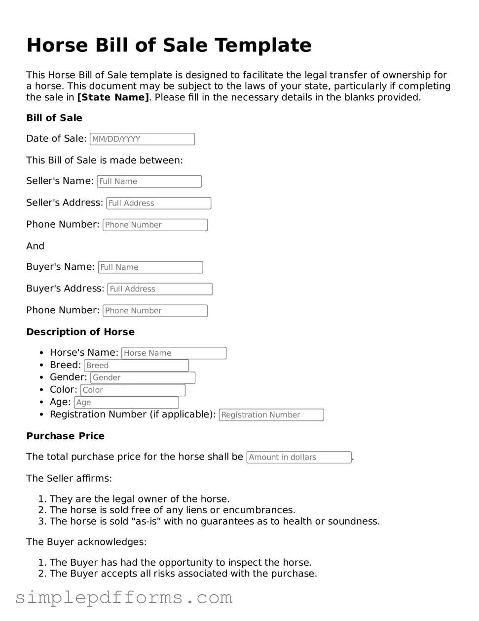 Free Horse Bill of Sale Form