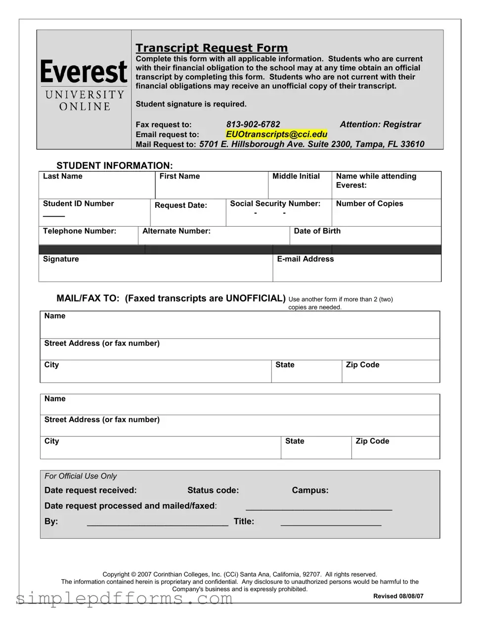 Fill a Valid Everest University Transcript Form